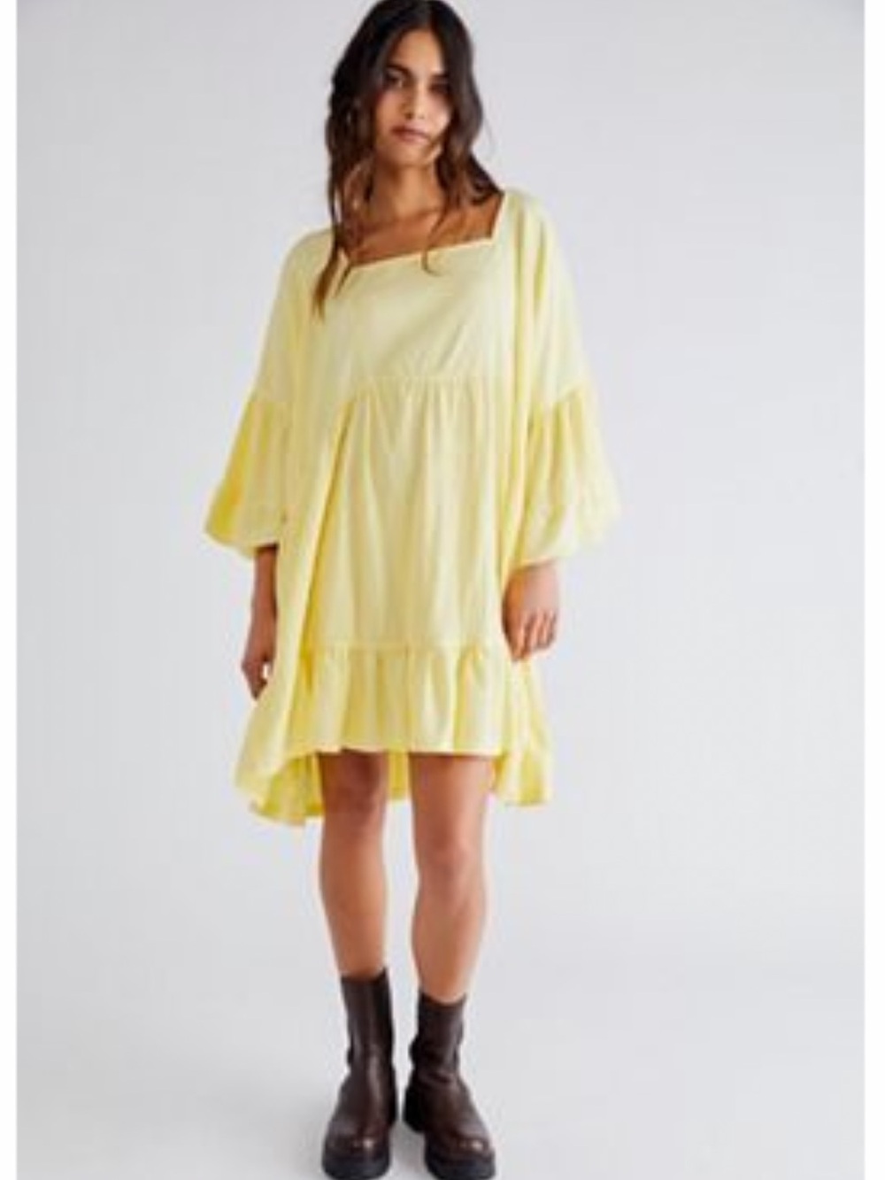 Free People El Mar Mini Dress Yellow Square-Neck Tiered Mini Dress